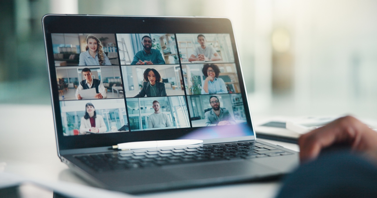 Nine people connected in a video call grid